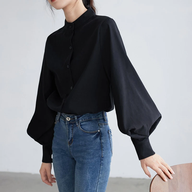 2023 Big Lantern Sleeve Blouses Women Autumn Winter Single Breasted Stand Collar Shirts Office Work Tops Solid Vintage