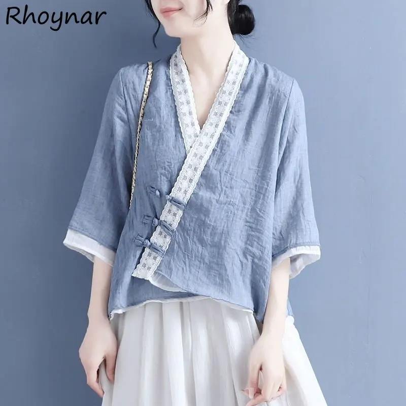 

M-3XL Chinese Shirts Women Traditional Clothes Temper Aesthetics Baggy Design Spliced Fake Two Piece Vintage Elegant Camisa Ins