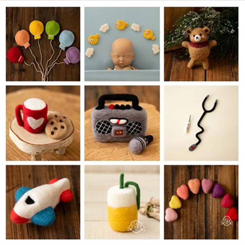 Enlarge Newborn Baby Photography Props  Handmade Wool Mini Cute Doctor Radio Coffee Stars Kite Decorations for Studio Shoots Photo Props