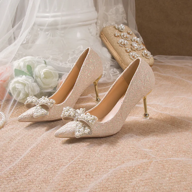 

Spring And Autumn New Fashion Wedding Dress Bride High Heels Bow Stiletto Bridesmaid Glass Slipper Casual Women's Shoes