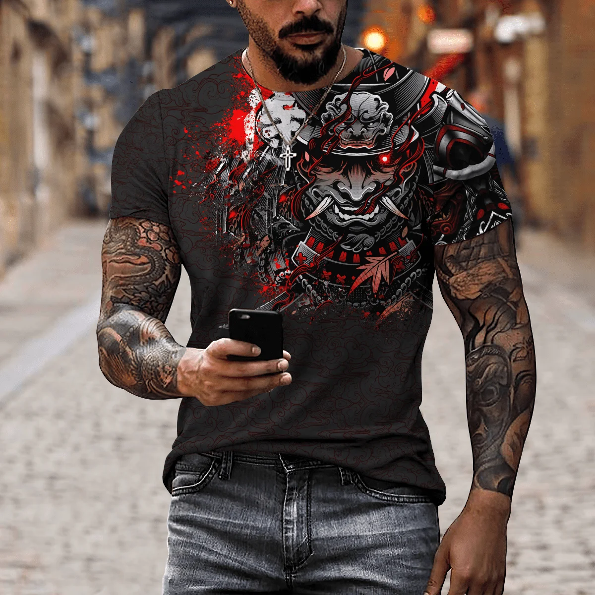 

Japanese samurai armor 3D-printed T-shirt Summer Harajuku short-sleeved shirt Dark style Street Knight for both men and women