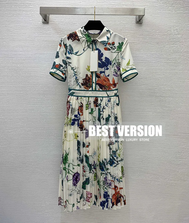 

Best Version 2022 Summer Dress For Women Luxury Brand Silk Blend Classic Floral Print Pleated Party Elegant Female woman Dress