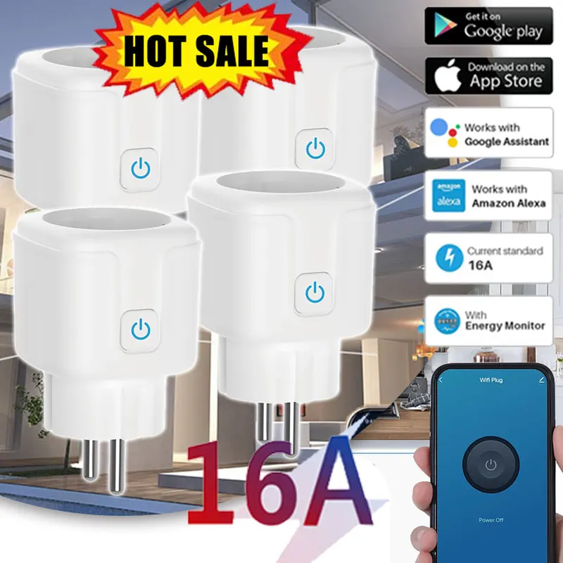 

4pcs Smart Plug WiFi Socket EU 16A With Power Monitor Timing Function Tuya Smart Life APP Control Works With Alexa Google Home