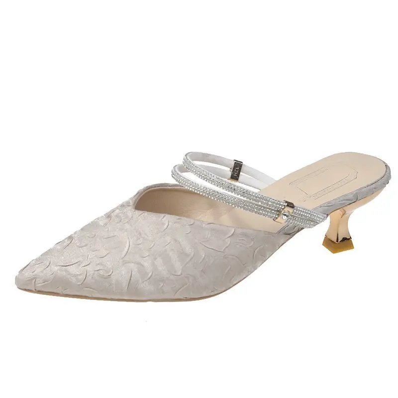 

High Heeled Slippers Women's Spring and Autumn New Fashion Wear Out Temperament Pointed Two Wear Sandals Thin Heel Muller Shoes