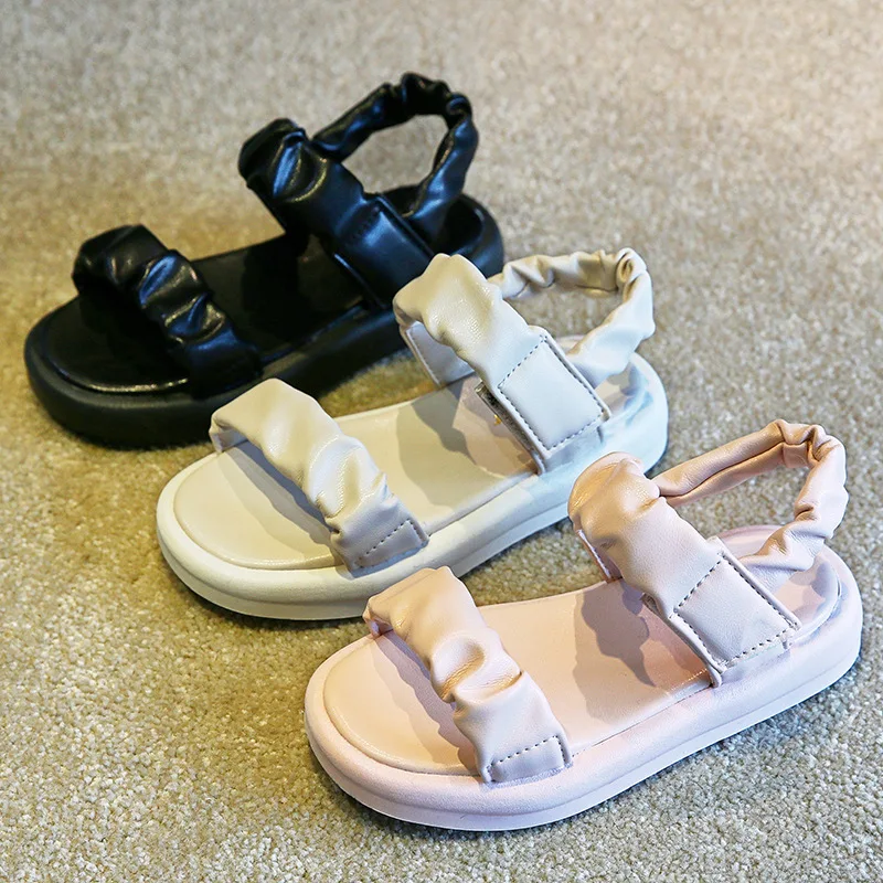 

Anti-slippery Platform Kids Shoes for Girl Sandals 2022 New Summer Pretty Pleated Surface School Girls Flat Sandals Child F01251