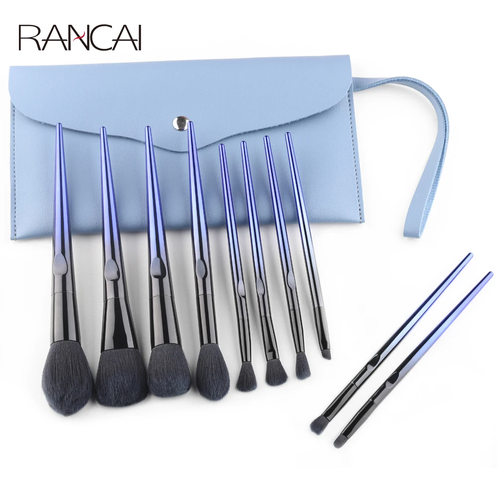 

RANCAI 10 Pcs Navy Blue Premium Synthetic Hair Foundation Blending Brush Tool Makeup Brushes Powder Eyeshadow Cosmetic Set Case