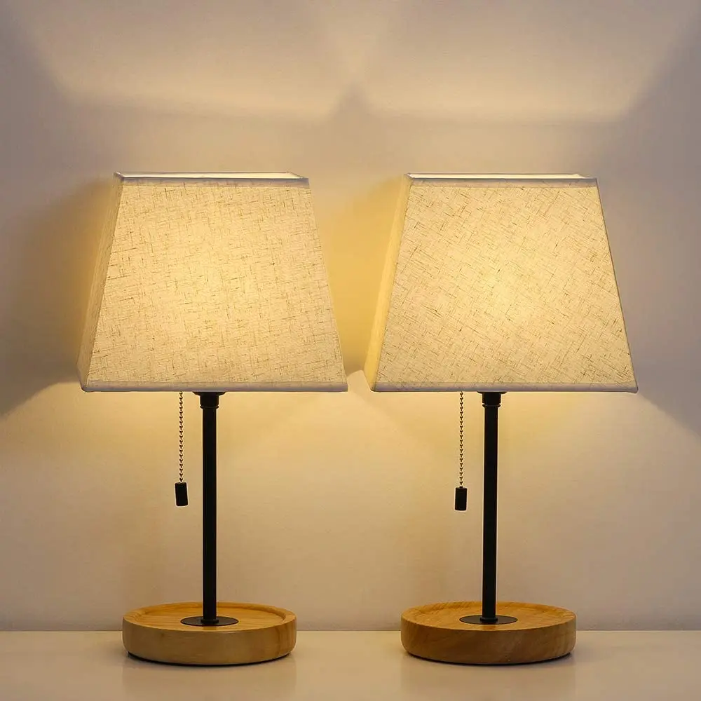 

Black Minimalist Bedside Lamps Pull Chain and Wood Base Set of 2