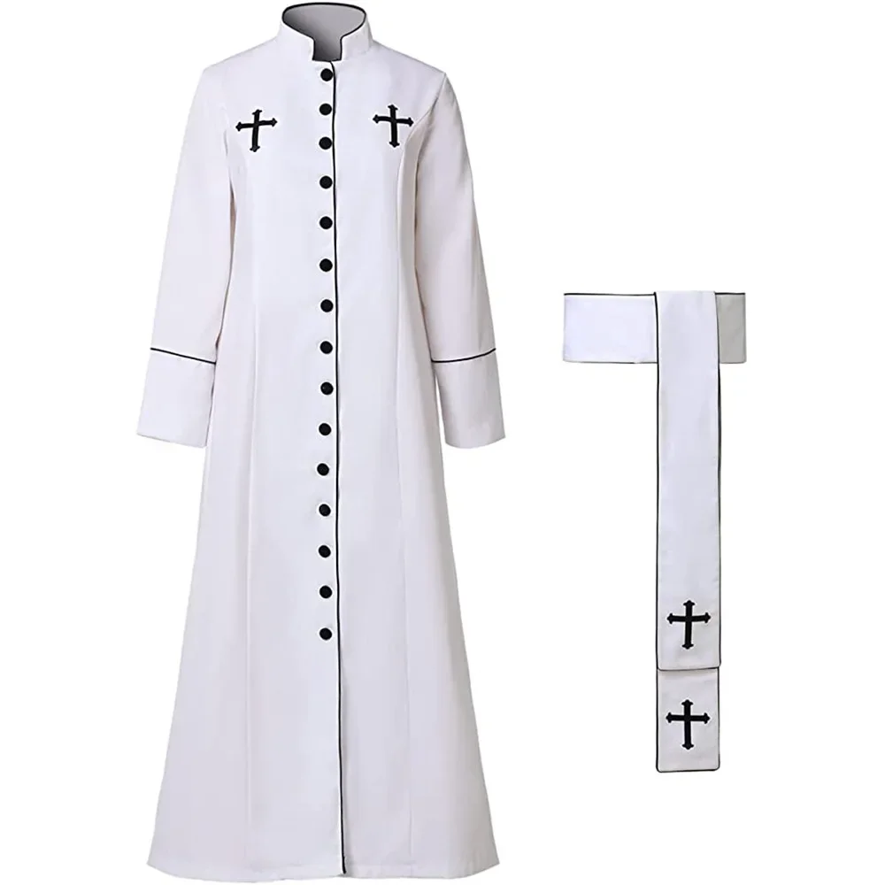 Black Noble Priest Costume Medieval Church Robe Trench Jacket Stand Collar Witch Wizard Cloak Halloween Vampire Clothing