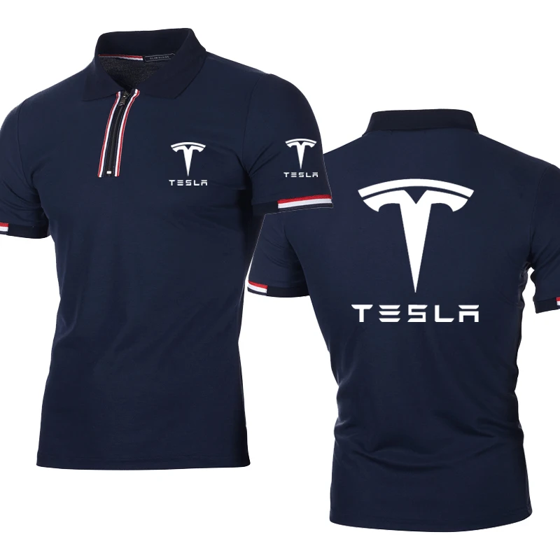 

NEW Men's polo shirt Tesla car Logo Printing summer Solid color Striped High Quality Splicing Cotton Men's short sleeve tops
