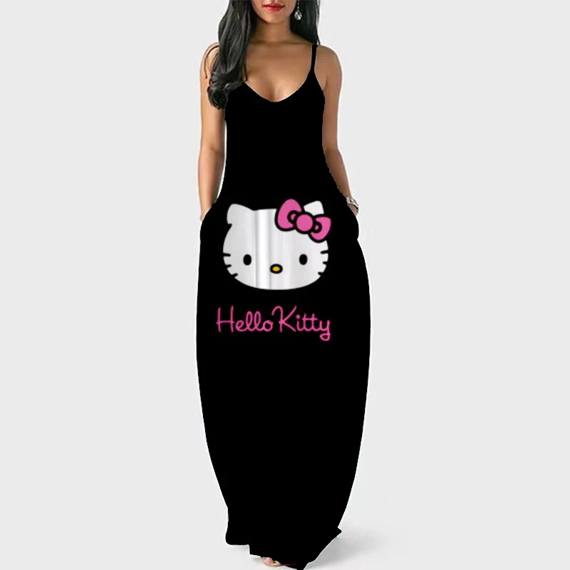 Hello Kitty Graffiti Print Ladies Casual Sleeveless Sling Dress Loose Long Double Pocket Beach Vacation Hawaiian Dress