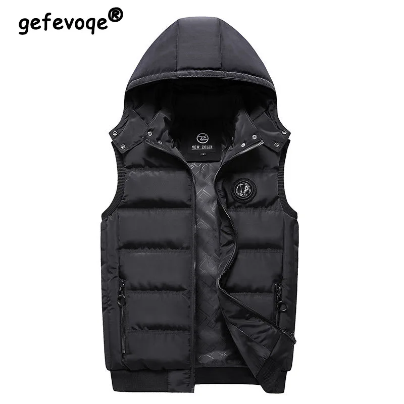 

Winter Cotton Waistcoat Sleeveless Zipper Safari Style Three-dimensional Label Decorate Slim Removable Hooded Men Keep Warm 5XL
