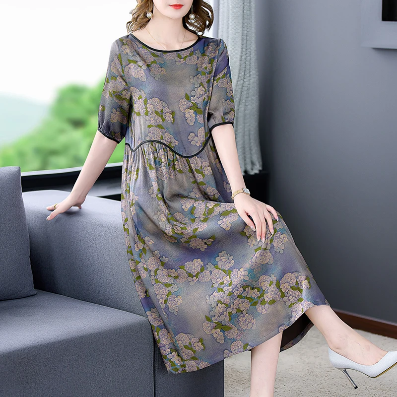 Female Floral Mulberry Silk Midi Dres Spring Summer Elegant Loose Waist Plus Size Dress 2022 Korean Vintage Casual Party Dresses