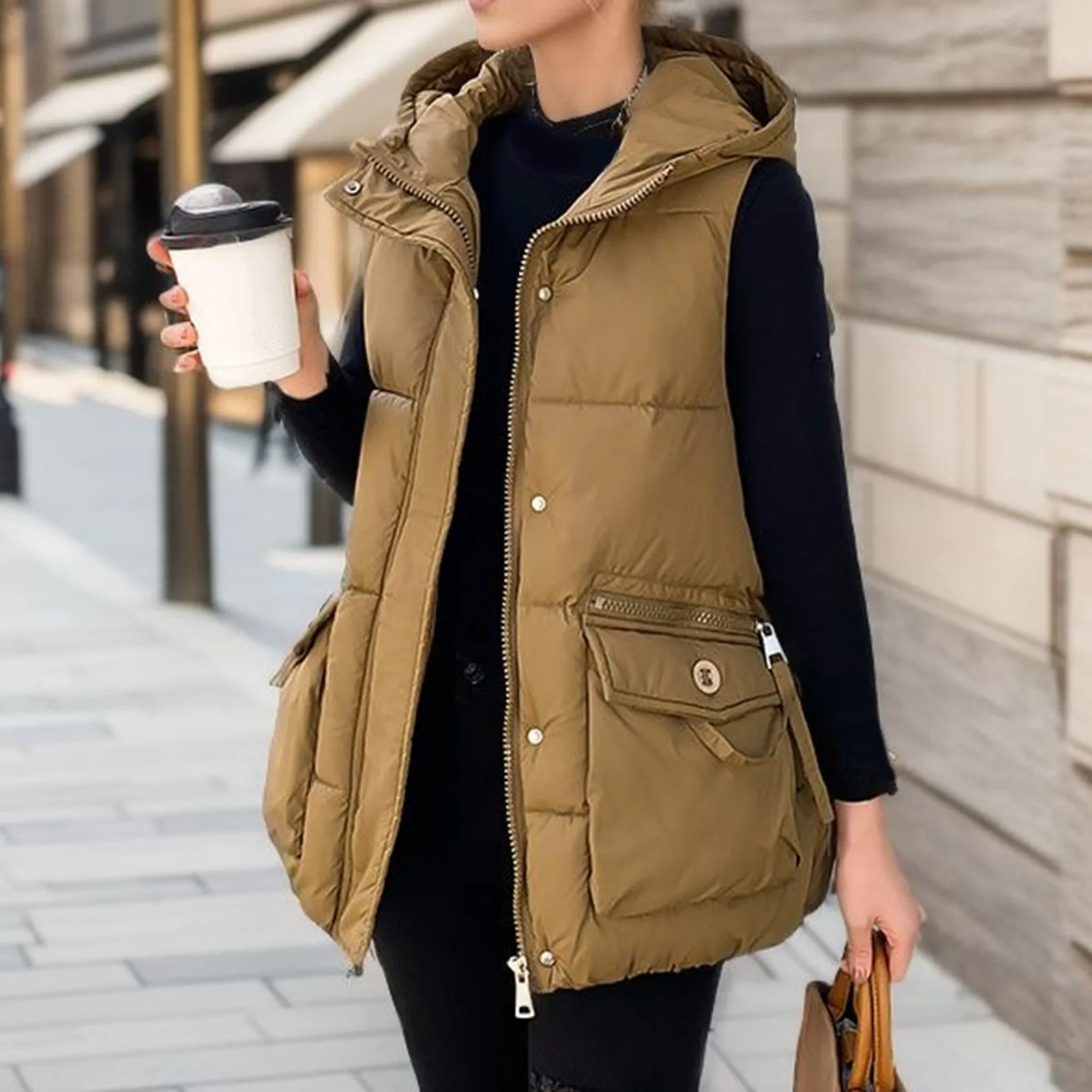 

Womens Big Pockets Loose Vest Women's Plus Size Cotton Fashion Casual Coat Pure Color Sleeveless Waistcoat