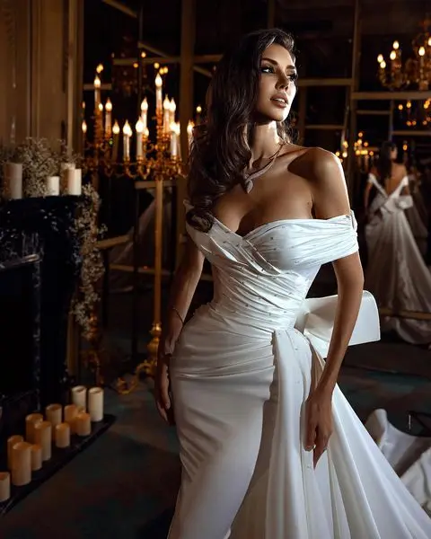 

Свадебное платье-Русалка Aso Ebi со съемным шлейфом, элегантное атласное свадебное платье с открытыми плечами и жемчугом