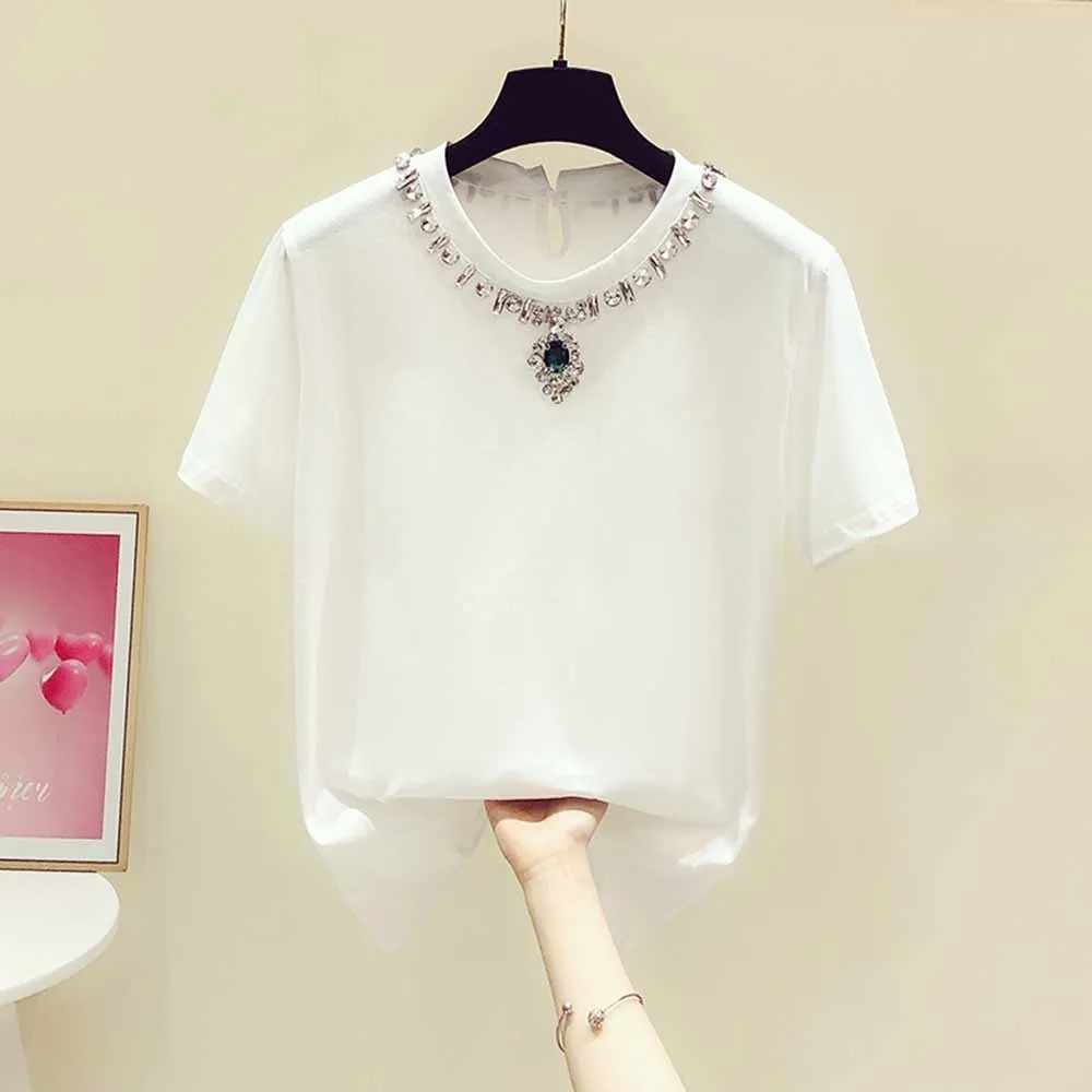 

2022 Summer T-shirt Women Tee Heavy Industry Sparkling Rhinestones Short Sleeve T-shirts Female Casual Tshirt All-Matching Tops