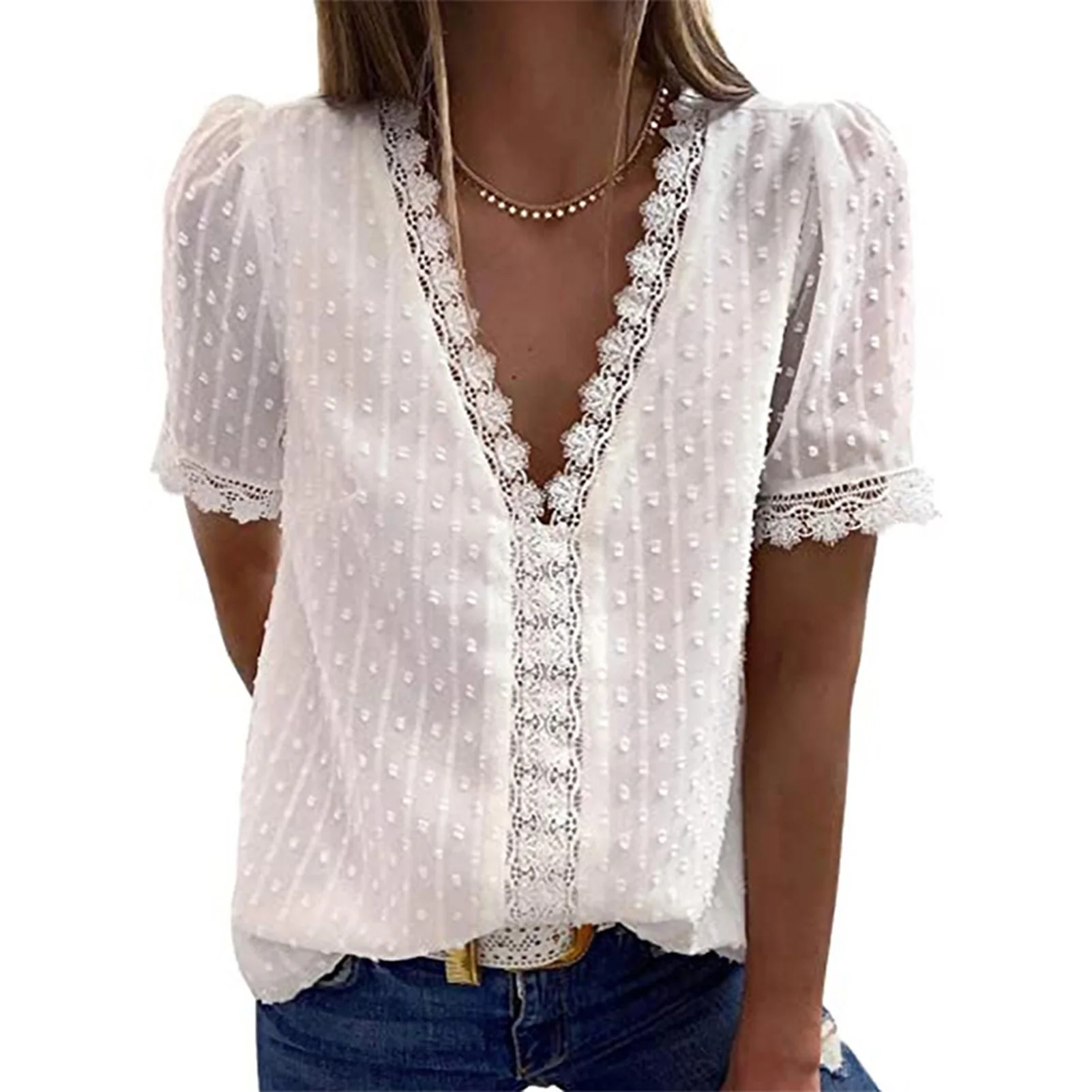 

Summer Clothes for Women V-neck Short Sleeve Patchwork Top for Girl Woman Lover Mother