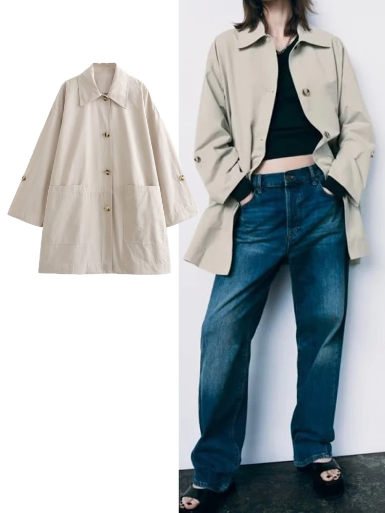 

TRAF Women Fashion Solid Loose Jackets Coats 2023 New Autumn Female Casual Turn Down Collar Single Breasted Long Sleeve Top