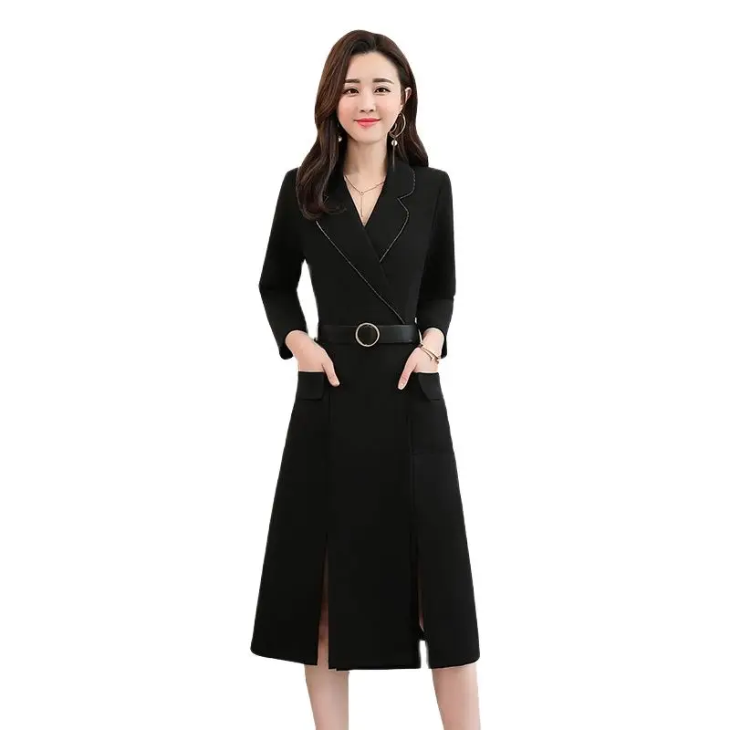 

Женское приталенное платье с поясом, элегантное офисное платье в Корейском стиле с отложным воротником и длинным рукавом, весна 2023