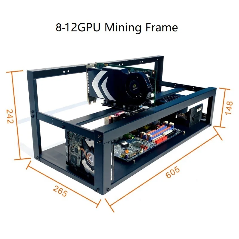 Marco de minería de monedas de acero, caja de aparejo de minería de aire abierto, hasta 8 GPU 12 GPU Ethereum, plataforma de minería de Bitcoin, marco de minería apilable de aluminio