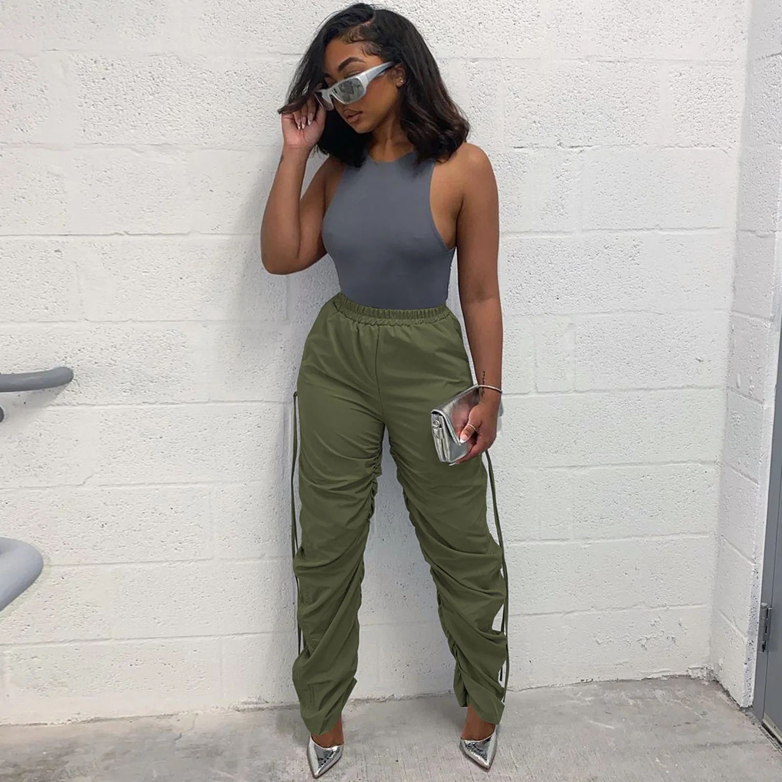 

Women's Summer Cargo Pants with Drawstring Ruched Up Side Street Safari Style Straight Stacked Trousers