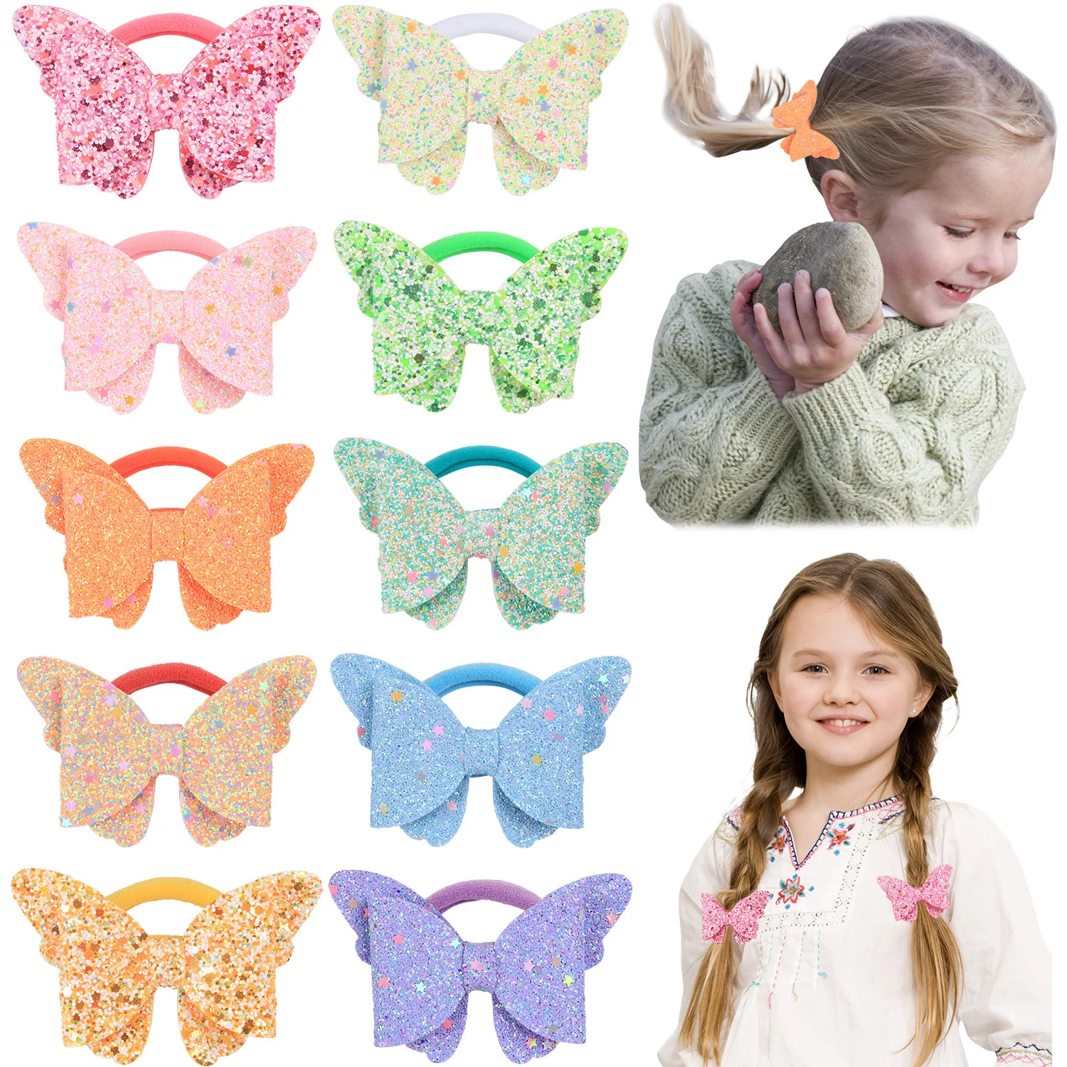 

2022 Spring Sequin Butterfly Bow Candy Color Elastic Hair Band For Girl Children Horsetail Rubber Tie Fashion Accessories Gift