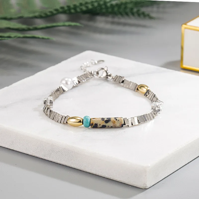 

2022 New Beaded Bracelet Silver Broken Pearl Leopard Stone Bracelet Simple Gold and Silver Color Matching Versatile Handstring