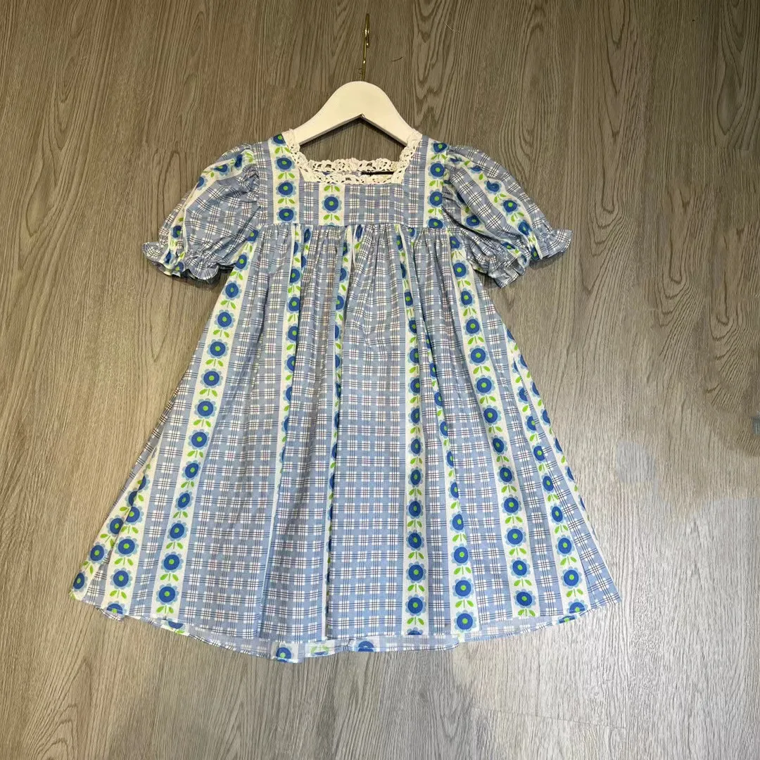 

2022 Summer high quality fashion brand pure cotton small broken flower lace square neck bubble sleeve casual Skirt Girl Dress