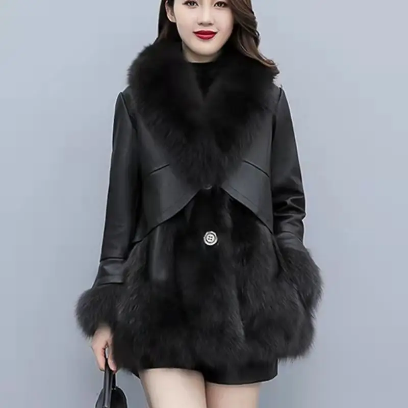 Woman Faux Leather Fur Patchwork Jacket Female Solid Turn-down Collar Slim Jacket Outwear Ladies Clothing Leather Jackets G570