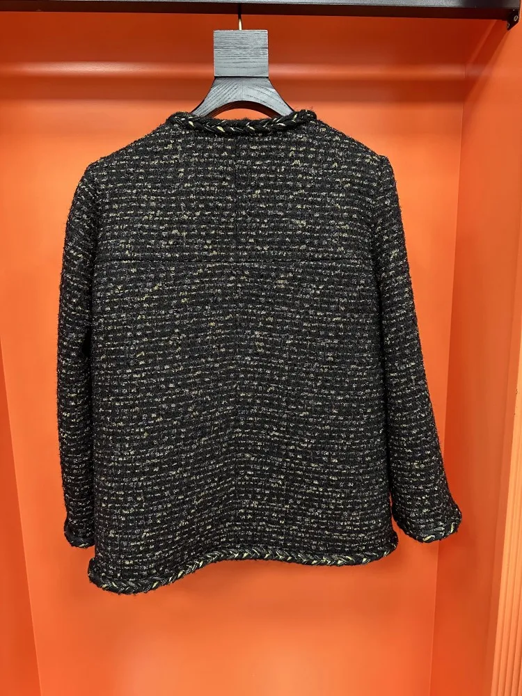 Винтажная женская весенне-осенняя твидовая куртка с круглым вырезом и карманами