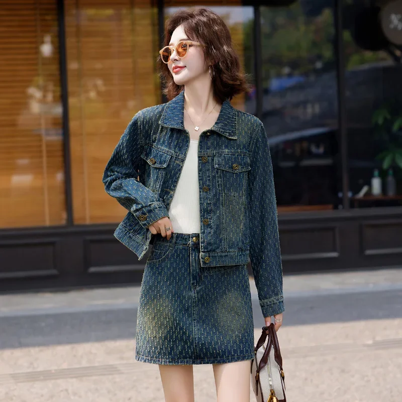 Новинка осени 2024 женская модная Потертая джинсовая куртка комплект из 2