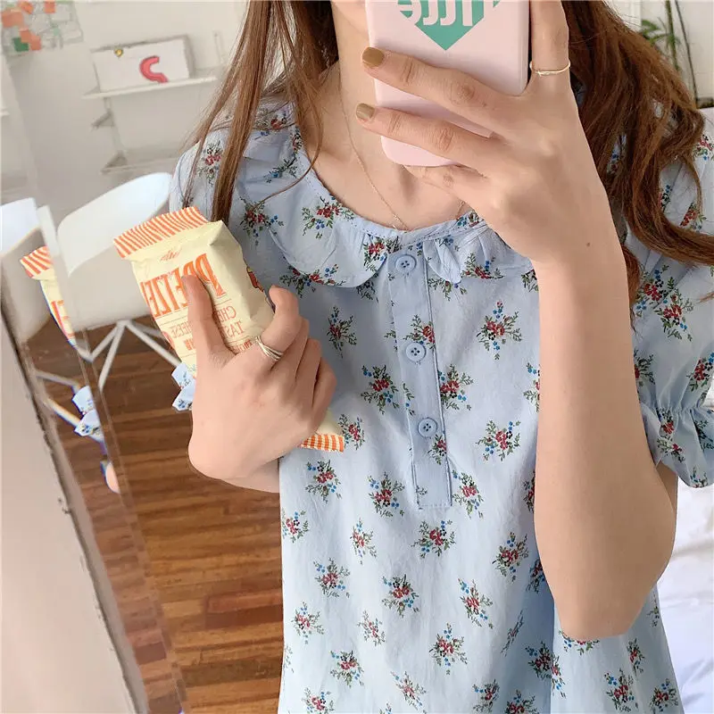 QWEEK Night Dress Women Doll Collar Ruffle Nightgown Blue Apricot Sleepdress Sleepshirts Summer 2021 Fashion Nightie Roomware