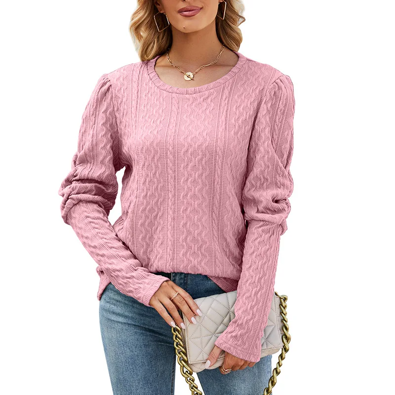 Women's 2022 Autumn and Winter New Solid Color Jacquard Round Neck Puff Sleeve Knitted Sweater Women свитер женский enlarge