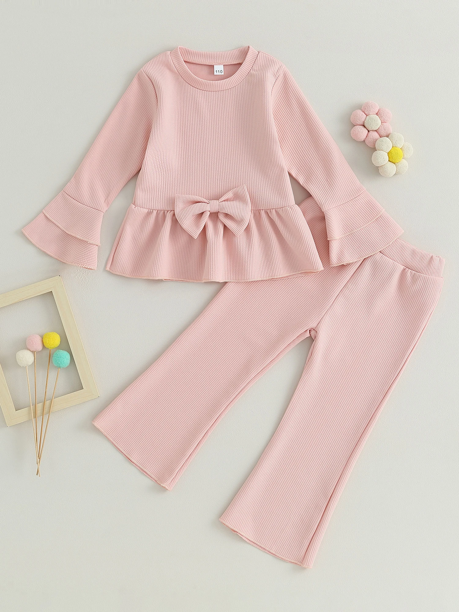 

Осенняя одежда для маленьких девочек, комплект из 2 предметов, платье с оборками и длинным рукавом, топ с бантом и расклешенные брюки