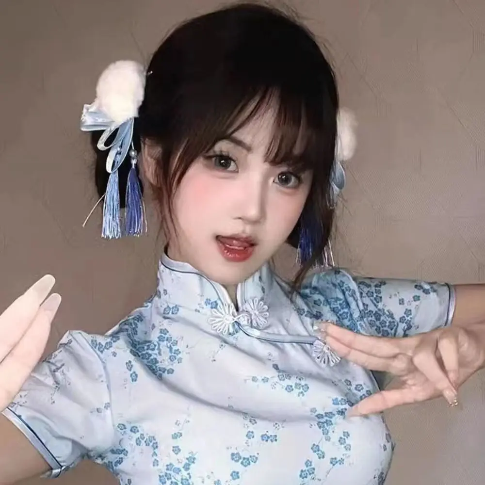 Фото Тканевая заколка для волос Chun-Li, заколки в виде утконоса, заколка для волос в китайском стиле, аксессуары для волос, заколка для волос с кисточкой и бантом, заколка для волос с кисточкой, вечерние №3