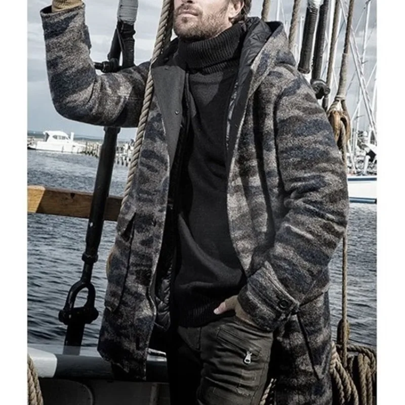 

Men Warm Woolen Coat Vintage Camouflage Loose Cardigan Coat Men Long Sleeve Single-Breasted Turn-down Collar Hooded Woolen Coat