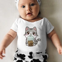 new sweet harajuku cat drinking milk tea short sleeve infant bodysuits fashion all match o neck casual newborn jumpsuit