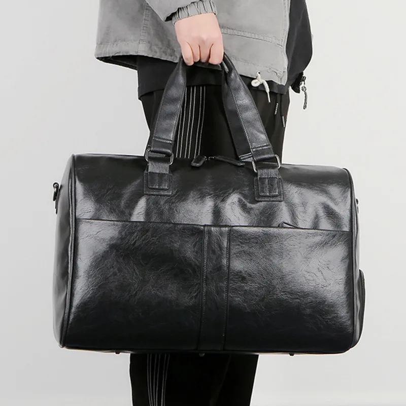 Fashion Leather Men Travel Duffel Bag Large Capacity Carry on Luggage Bag Male Shoulder Bag Dry Wet Separation Gym Fitness Bag
