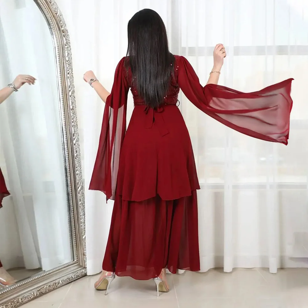 Arabic Evening Dress Muslim Robe with Sash Long Sleeves Round Neck Sequins Patchwork Elegant Middle East Dubai Abaya Party Dress