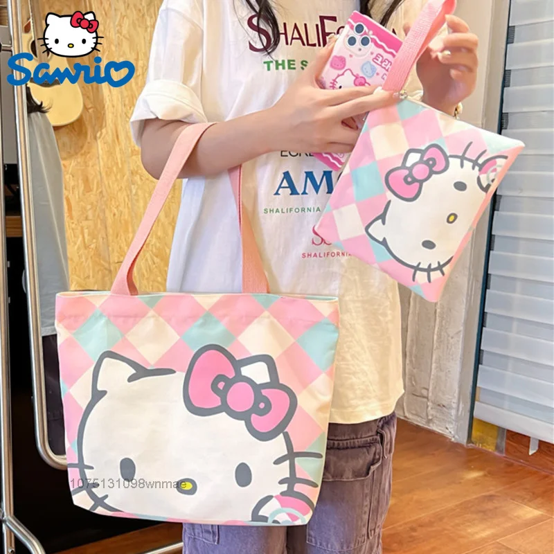 

Sanrio Hello Kitty Large Capacity Zipper Canvas Shoulder Bag for Women Composite Bag College Student Cute Cartoon Print Handbag