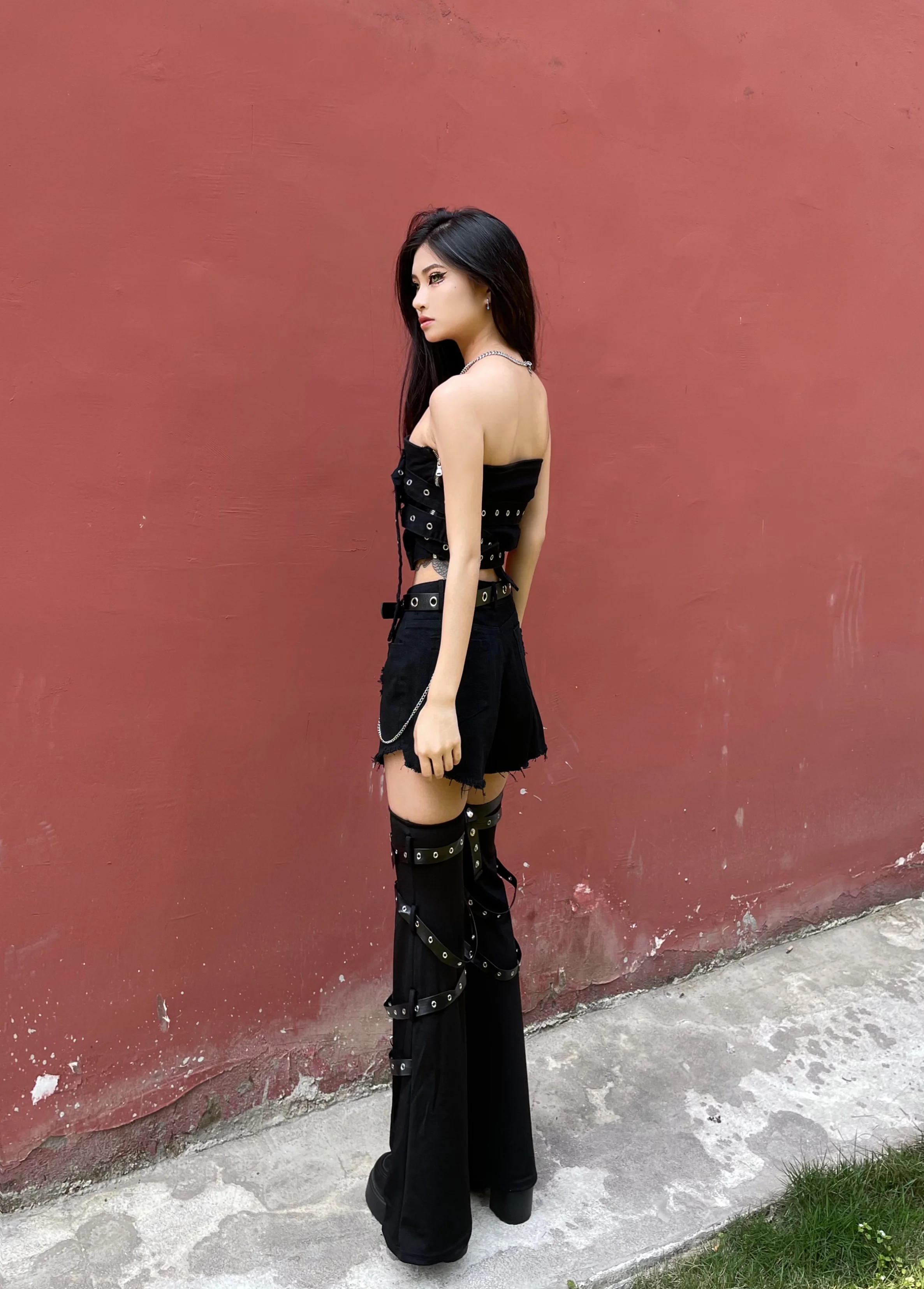 Женские джинсы в стиле панк Y2k Pans леггинсы с пряжкой и заклепками цепочкой