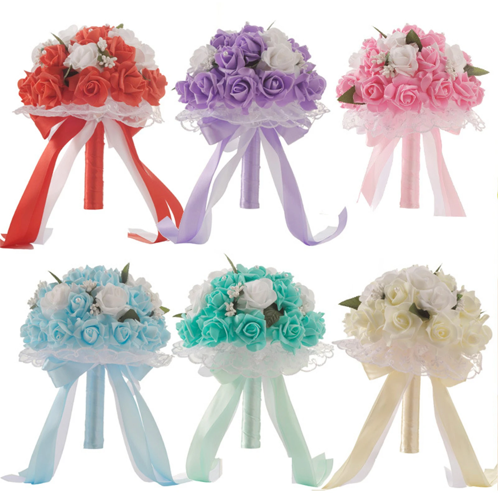 

Bridal Wedding Bouquet Bridesmaid Artificial PE Rose Flower Fake Pearl Pink Bouquet Wedding Supplies Festival Gift Decorations