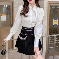 high quality vintage 2 piece sets women spring beaded lapel puff sleeve blouse shirtsmini high waist pleated skirt suits female