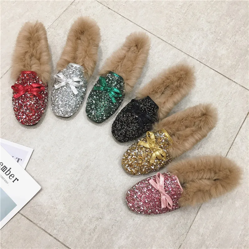 Woman Silver/pink Glitter Fluffy Flats Crystal Bowtie Moccasins Female Fur Loafers 41 Big Size Rabbit Fur Winter Flat Shoes