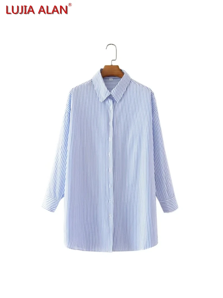 

Women Turndown Collar Side Slit Striped Shirts Hot Sale Female Long Sleeve Blouse Casual Loose Tops Streetwear LUJIA ALAN B810
