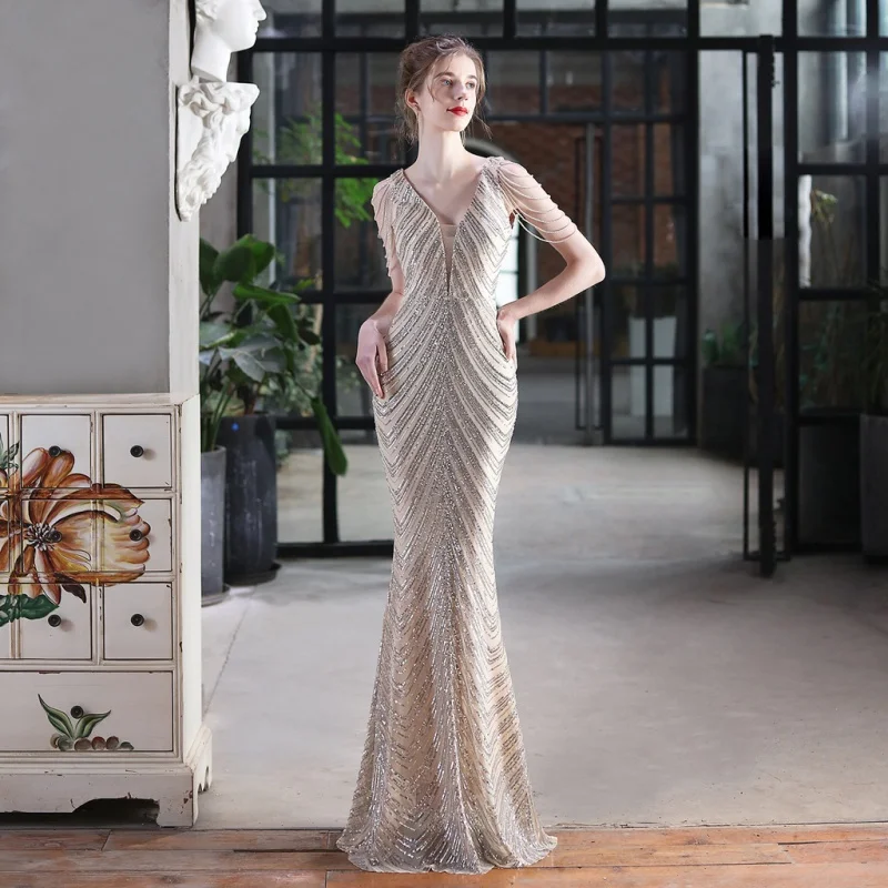

Banquet Evening Dress 2022 New Trumpet Sleeved Noble Elegant Gorgeous Sequin Long Fishtail Dress for Annual Meeting Host