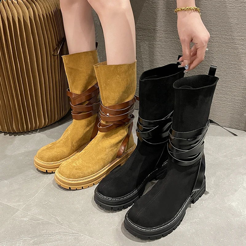 

Женские ботинки на платформе, черные повседневные ковбойские ботинки челси в западном стиле, до середины икры, на осень и зиму, 2022