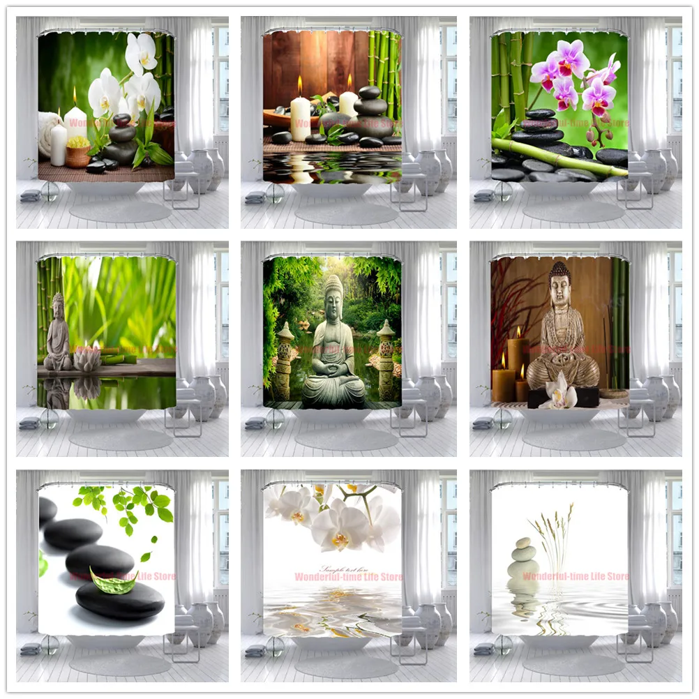 

Занавеска для душа из дзен зеленого бамбука, занавеска для душа в виде лотоса, Будды, водная свеча, камень в виде лотоса, садовый пейзаж, водонепроницаемая Штора для ванной