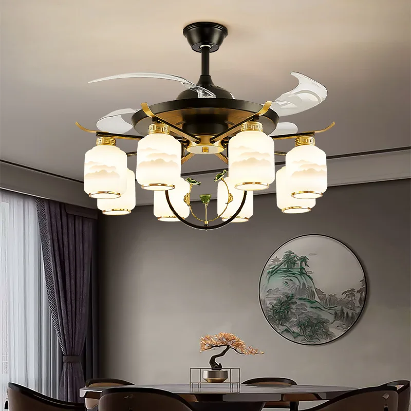 New Chinese Restaurant Chandelier Fan Lamp Intelligent Chinese Style Bedroom Study Tea Room Mute Frequency Conversion Integrated