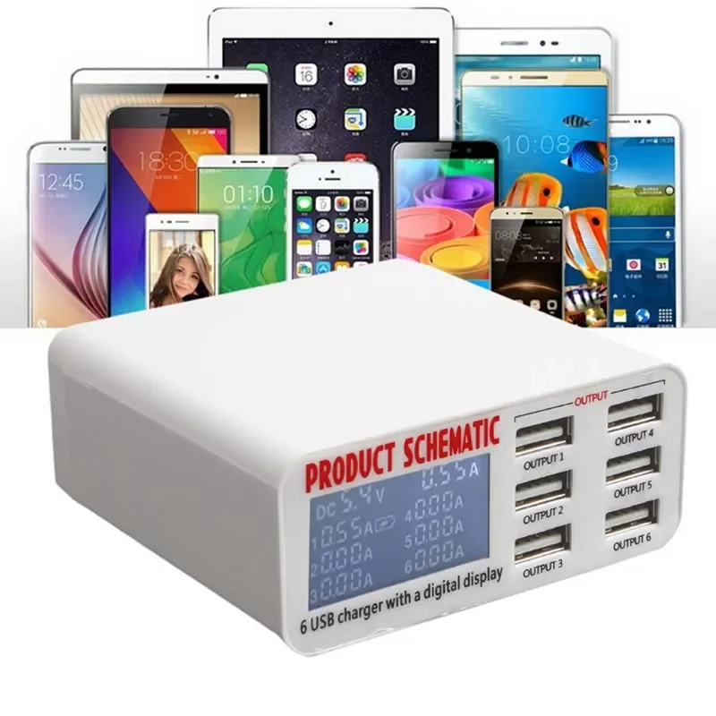 

New EU Plug 6A 6 USB Port Fast Charger HUB Wall Charging Adapter LCD Screen