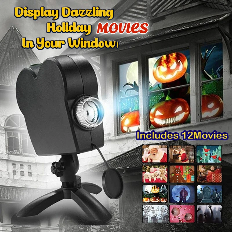 

Динамический Рождественский лазерный проектор на Хэллоуин, 12 фильмов, мини-проектор для домашнего кинотеатра, для помещений и улицы, светодиодный проектор с окошком, проектор для дома